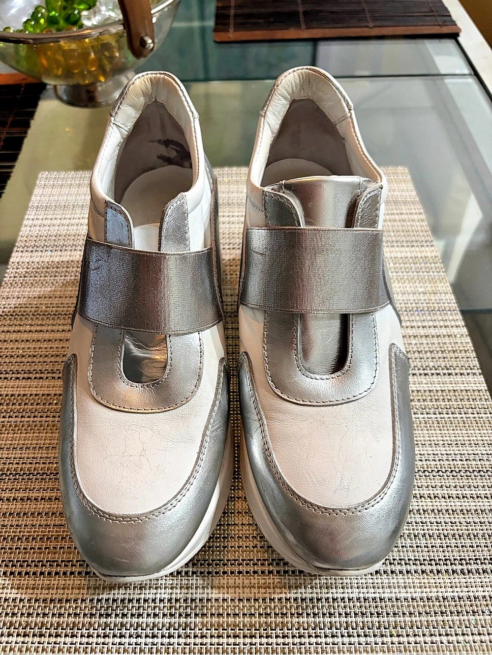 Marco Moreo Italian Leather Metallic Silver White Platform Wedge Slip-On Sneaker